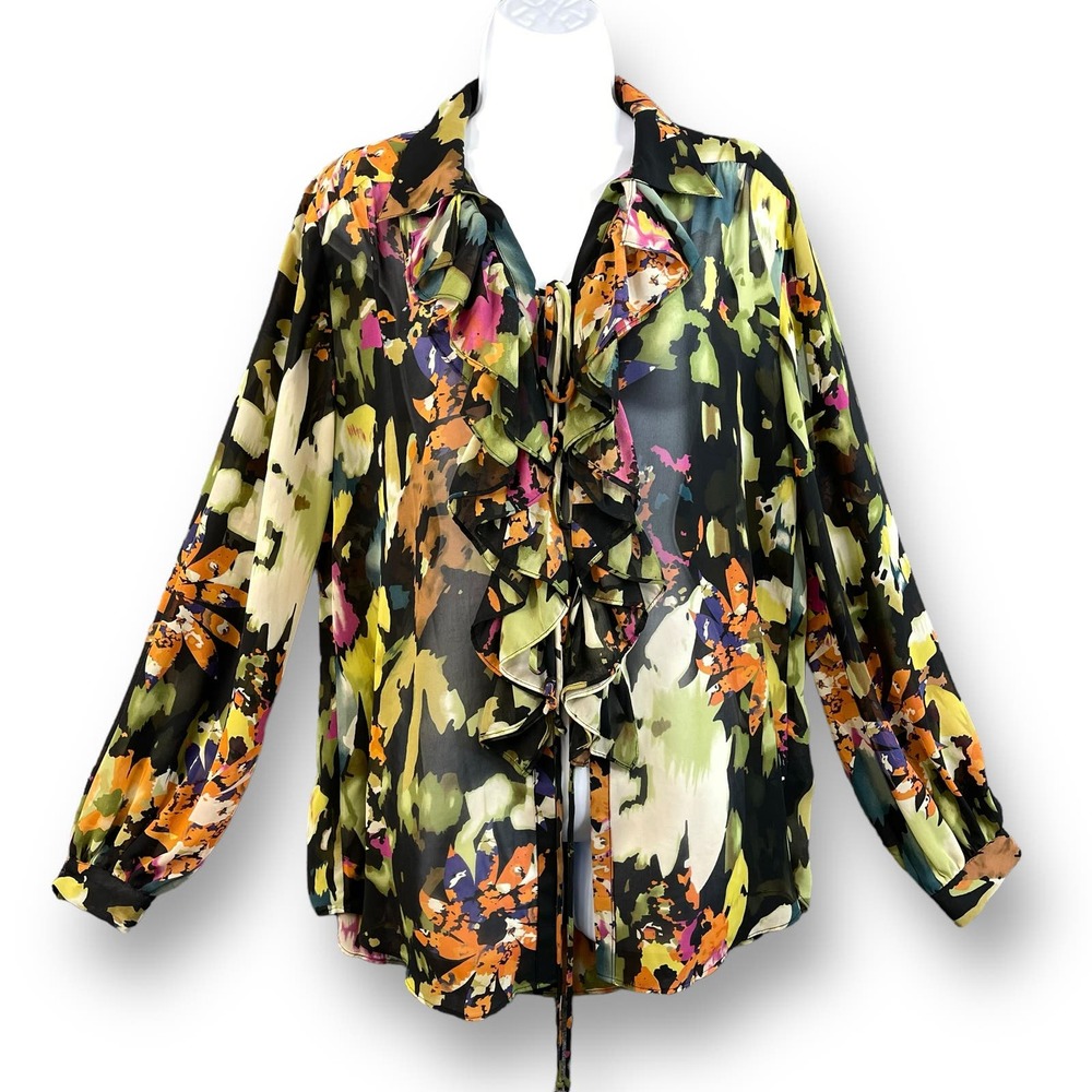 CAbi Womens Kimono Cardigan Boho Tie Front Ruffles Top Size Small Flowers